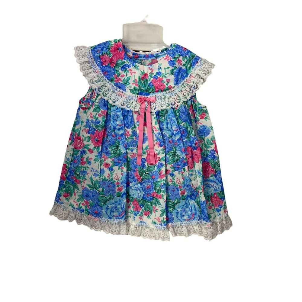 Vintage Forever Floral Blue Pink Lace Trim Size 18 Months Girl's Sleeveless Dres